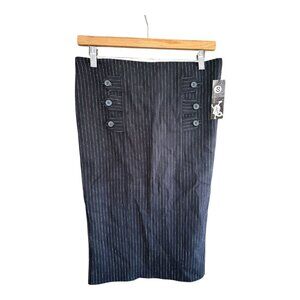 #840 Adeline Womens Small Pinstripe Pencil Skirt  Black & White Button Detail